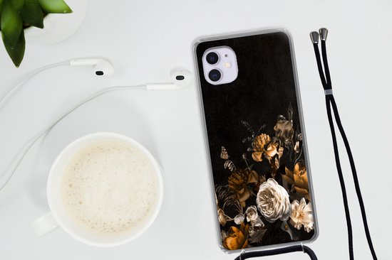 Telefoonkoord - Telefoonketting - Telefoonhoesje Geschikt voor iPhone 12 Mini - Bloem - Gold - Patronen - Siliconen - Crossbody - Telefoonhoesje met koord Telefoonhoesje