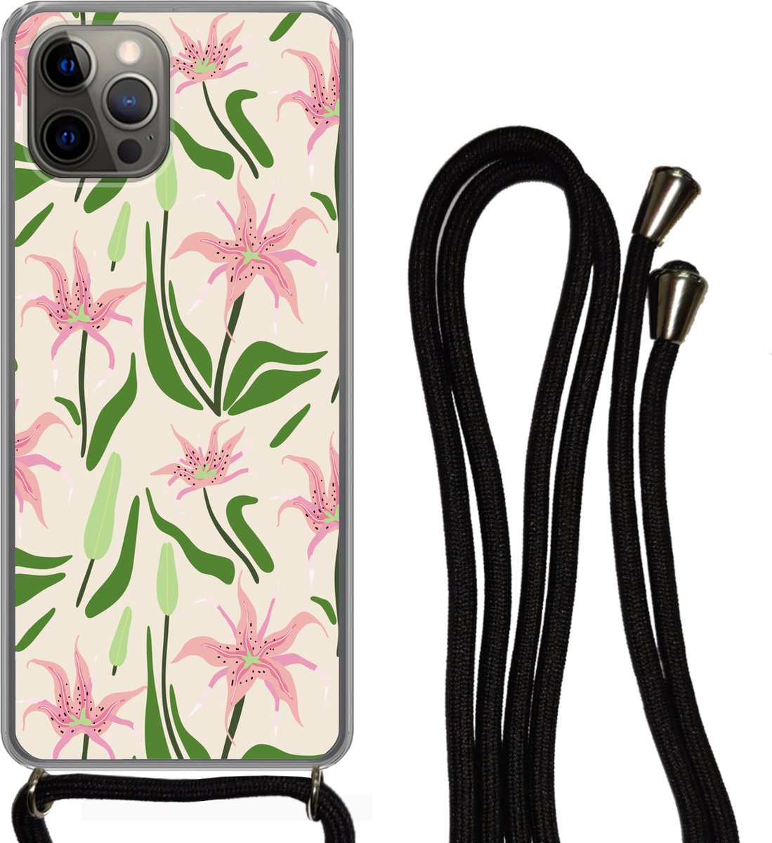 Telefoonhoesje Geschikt voor iPhone 13 Pro Max - Bloem - Roze - Blad - Siliconen - Crossbody - Backcover met Koord - Telefoonhoesje met koord - Hoesje met touw Telefoonhoesje