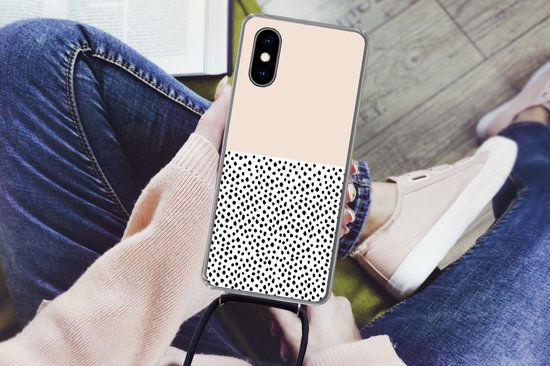 Coque avec cordon iPhone X - Pois - Wit - Zwart - Siliconen - Bandoulière - Coque arrière avec cordon - Coque pour téléphone avec cordon - Coque avec corde