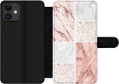 Bookcase Geschikt voor iPhone 11 telefoonhoesje - Marmer print - Wit - Rosé - Met vakjes - Wallet case met magneetsluiting