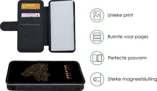 Étui pour téléphone iPhone 13 Bookcase - Drenthe - Carte - Or - Zwart - Avec poches - Étui portefeuille avec fermeture magnétique