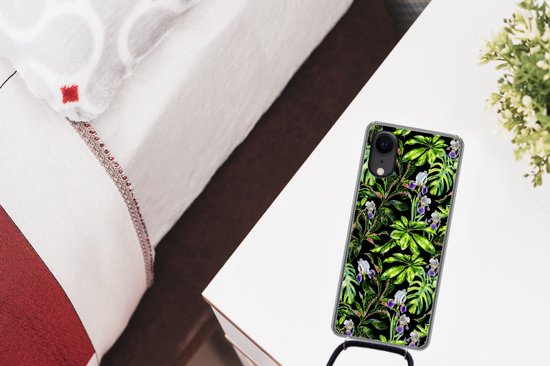 Coque avec cordon iPhone XR - Bloem - Feuilles - Motif - Siliconen - Bandoulière - Coque arrière avec cordon - Coque pour téléphone avec cordon - Coque avec corde