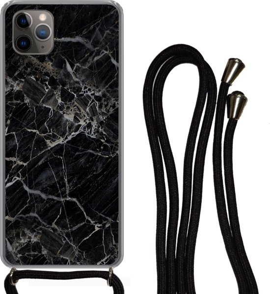 Coque avec cordon iPhone 11 Pro - Motif marbré - Zwart - Wit - Siliconen - Bandoulière - Coque arrière avec cordon - Coque pour téléphone avec cordon - Coque avec corde