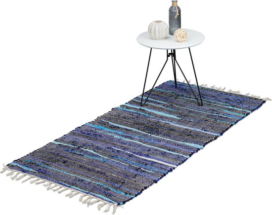 Relaxdays vloerkleed - 70 x 140 cm - tapijt - franjes - chill mat - meerkleurig - blauw