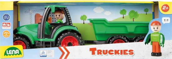 Groene Lena Truckies tractor met aanhanger in verpakking, met poppetje.