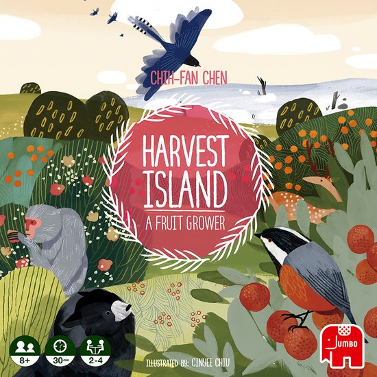 Doos van het bordspel 'Harvest Island' met een illustratie van een eiland vol met fruit, dieren en vogels.