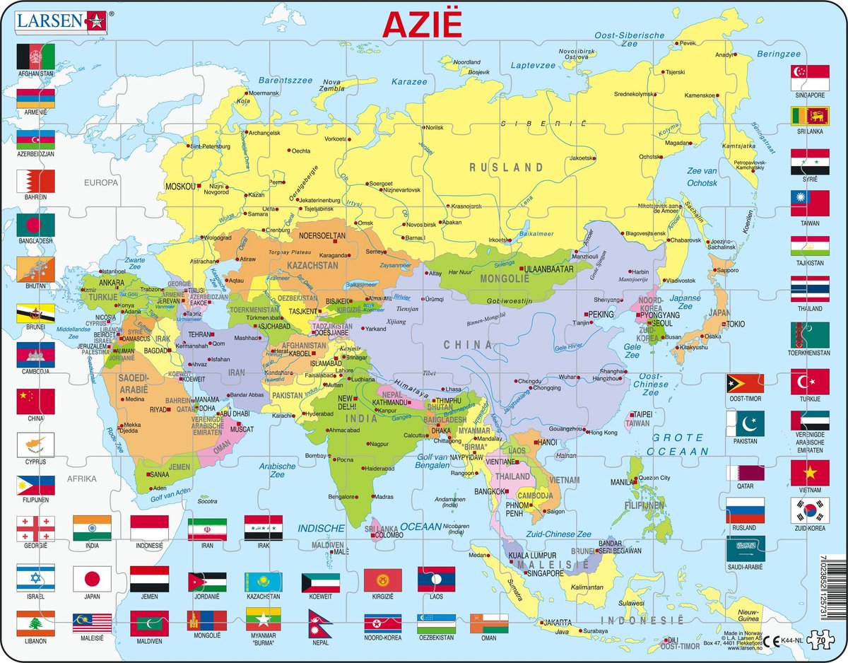 Larsen Azië met vlaggen – Puzzel – Kaarten & Geografie – Vlaggen – Educatieve legpuzzel voor kinderen – 70 stukjes – Gemaakt in Noorwegen – Extra dikke 2,5 mm stukjes – Tray met vaste rand