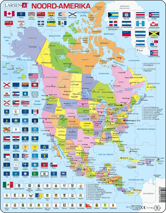 Larsen Noord-Amerika met staten en vlaggen – Puzzel – Kaarten & Geografie – Noord-Amerika – Educatieve legpuzzel voor kinderen – 70 stukjes – Gemaakt in Noorwegen – Extra dikke 2,5 mm stukjes – Tray met vaste rand