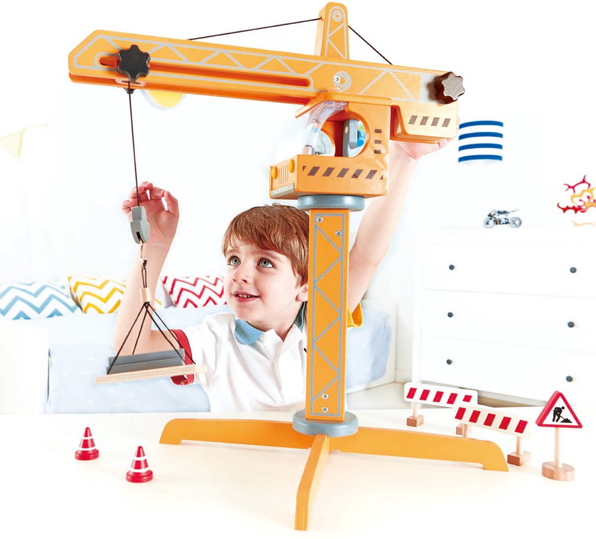 Hape Grote Bouwkraan met Bouwplaats Accessoires - Speelgoed Kraan voor Kinderen vanaf 3 jaar — afbeelding 11