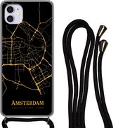 Telefoonkoord - Telefoonketting - Hoesje met koord Geschikt voor iPhone 11 - Amsterdam - Kaart - Goud - Zwart - Siliconen - Crossbody - Telefoonhoesje met koord