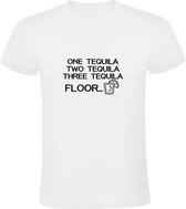 One, two, three tequila - Floor… | Heren T-shirt | Wit | Een, twee, drie tequila - Vloer… | Borrel | Dronken | Sterke Drank | Shotjes | Feest | Festival | Carnaval