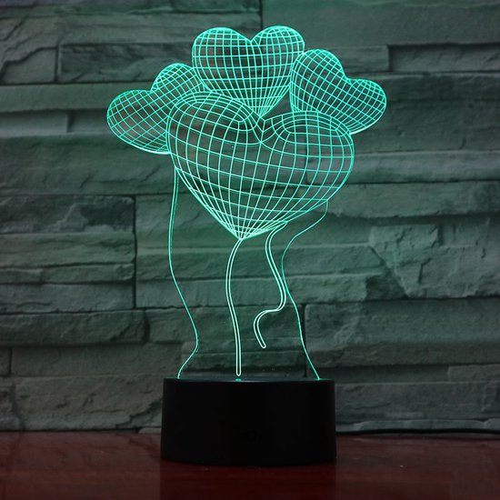 3D Led Lamp Met Gravering - RGB 7 Kleuren - Hartjes Ballonnen