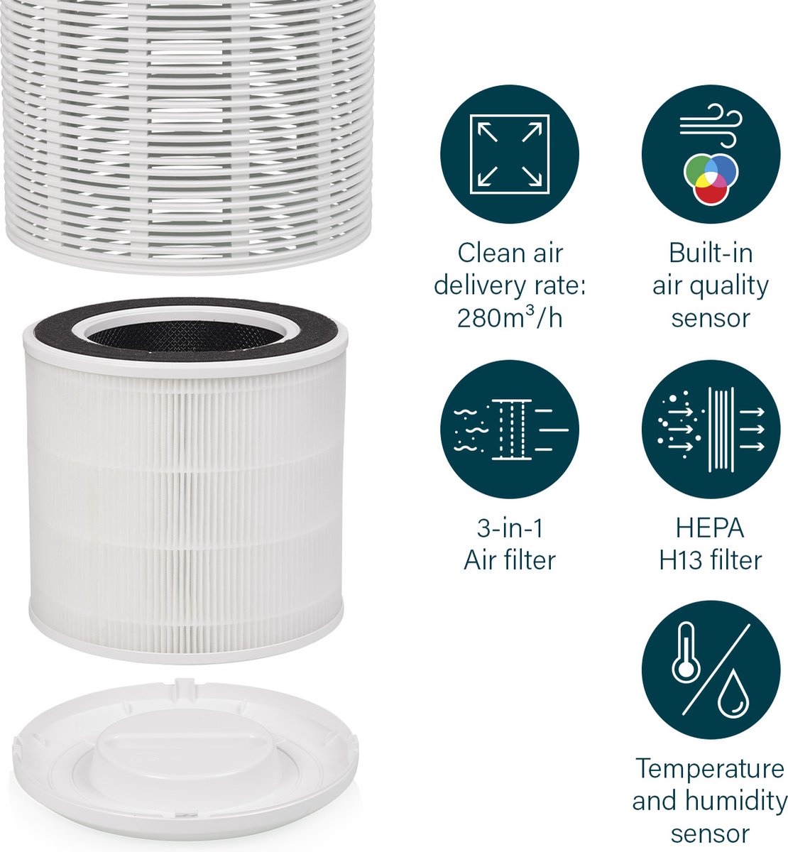 Princess Smart Luchtreiniger 356280 – Air Purifier - WiFi - Werkt tegen Hooikoorts, Allergie, Huisstofmijt, Stof - CADR 280 m³/uur - Vervangbare Hepa 13 filter - Luchtkwaliteit Indicator - App gestuurd - Inclusief Timer en Slaapstand — afbeelding 6