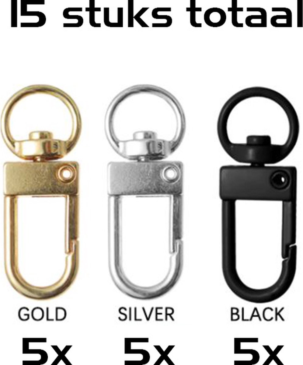 DW4Trading Mini Karabijnhaken - Sleutelhangers - Zwart, Zilver en Goud - Aluminium - 15 Stuks