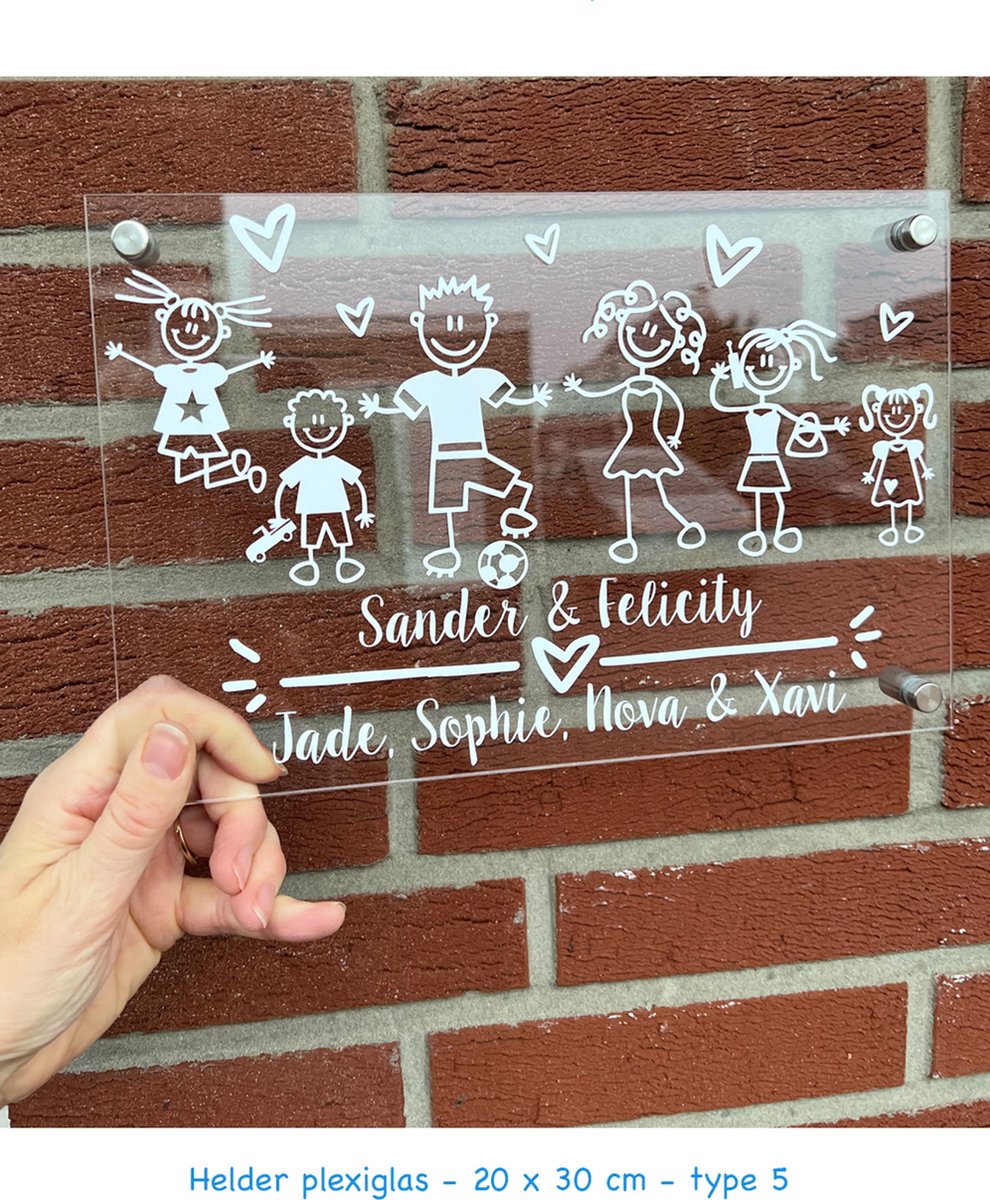 Naambord Familie - 20 cm x 30 cm - helder plexiglas/witte of zwarte opdruk - kies zelf je figuurtjes - compleet pakket