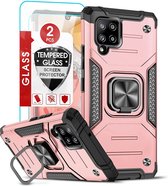 Samsung A42 Hoesje Heavy Duty Armor Hoesje Rose Goud - Samsung Galaxy A42 5G hoesje Kickstand Ring cover met Magnetisch Auto Mount- Samsung A42 5G screenprotector 2 pack