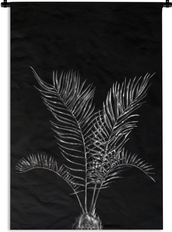 Wandkleed - Wanddoek - Bladeren van een palm op een zwarte achtergrond - zwart wit - 60x90 cm - Wandtapijt