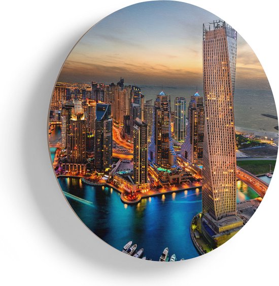 Artaza Houten Muurcirkel - Dubai Haven met de Stad - Ø 80 cm - Groot - Multiplex Wandcirkel - Rond Schilderij
