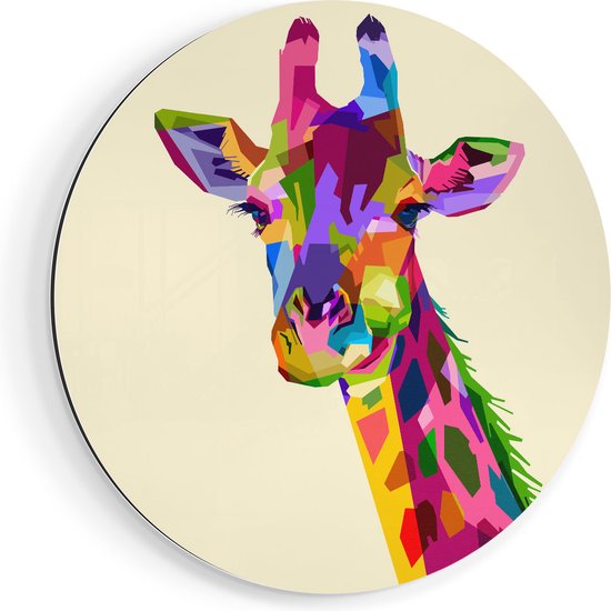Artaza Dibond Muurcirkel Kleurrijke Giraffe - Abstract - Ø 50 cm - Klein - Wandcirkel - Rond Schilderij - Voor Binnen en Buiten