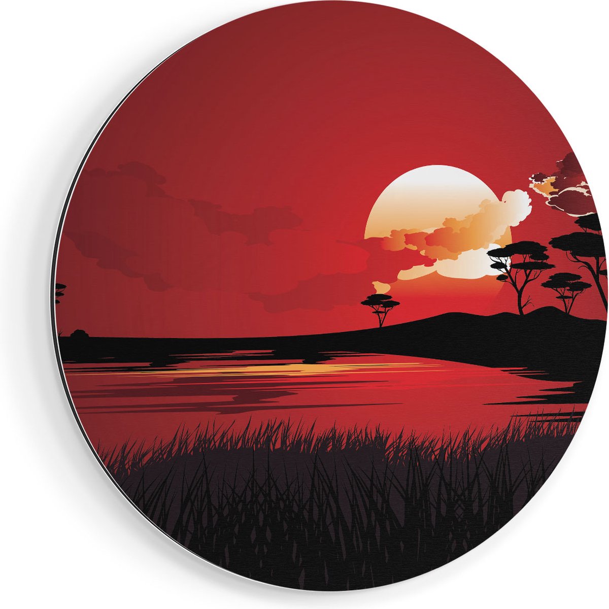 Artaza Dibond Muurcirkel Rode Zonsondergang In De Savanne - Abstract - Ø 50 cm - Klein - W
