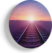 Artaza Houten Muurcirkel - Rails Spoorweg In De Woestijn Bij Zonondergang - Ø 65 cm - Multiplex Wandcirkel - Rond Schilderij