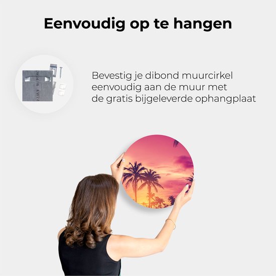 Artaza Dibond Muurcirkel Tropische Palmbomen Met Zonsondergang - Ø 60 cm - Wandcirkel - Rond Schilderij - Voor Binnen en Buiten