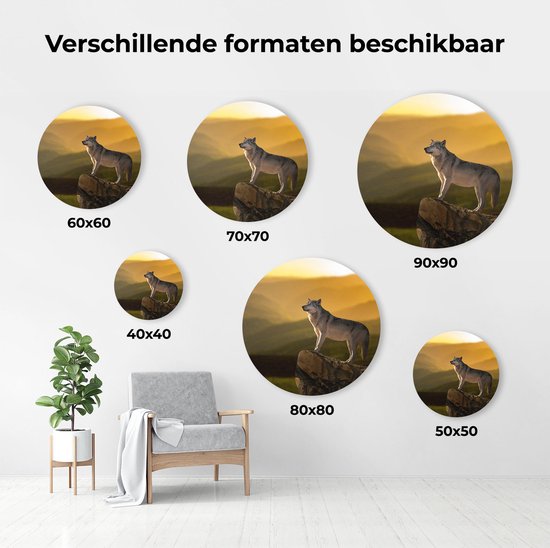 Artaza Cercle mural Dibond Loup sur un rocher avec un paysage de colline - Ø 60 cm - Cercle mural - Peinture ronde - Pour intérieur et extérieur