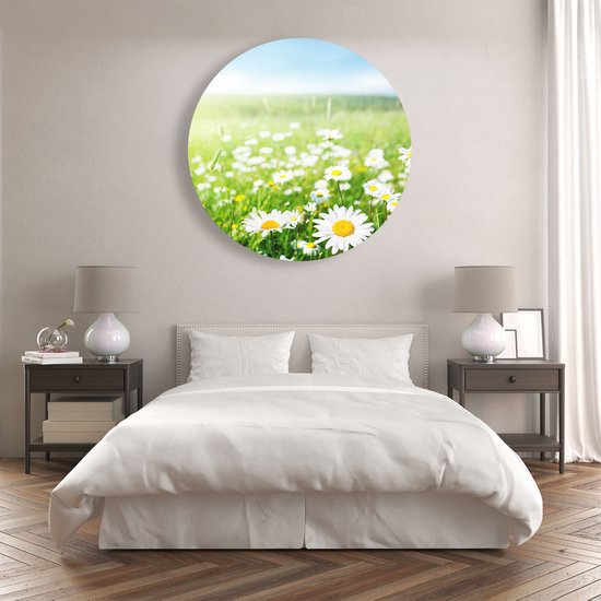 Artaza Dibond Cercle Mural Champ De Fleurs Champ De Marguerites - Fleurs - Ø 90 cm - Groot - Cercle Mural - Tableau Rond - Pour Intérieur et Extérieur