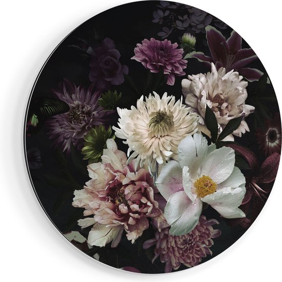 Artaza Dibond Muurcirkel Diverse Bloemen Op Zwart Achtergrond - Ø 40 cm - Klein - Wandcirkel - Rond Schilderij - Voor Binnen en Buiten