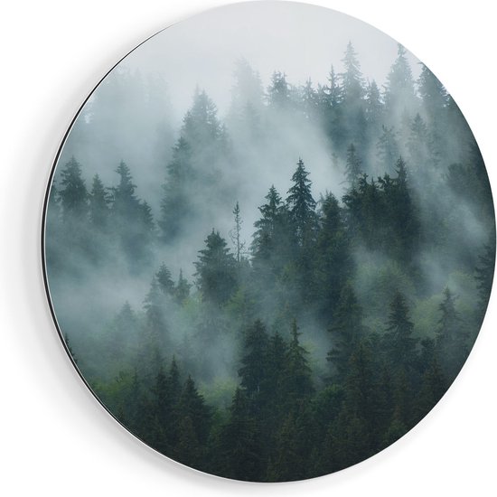 Artaza Dibond Muurcirkel Bos Met Bomen In De Mist - Ø 40 cm - Klein - Wandcirkel - Rond Schilderij - Voor Binnen en Buiten