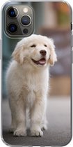 Geschikt voor iPhone 13 Pro hoesje - Een Golden Retriever puppy lopend op de stoep - Siliconen Telefoonhoesje