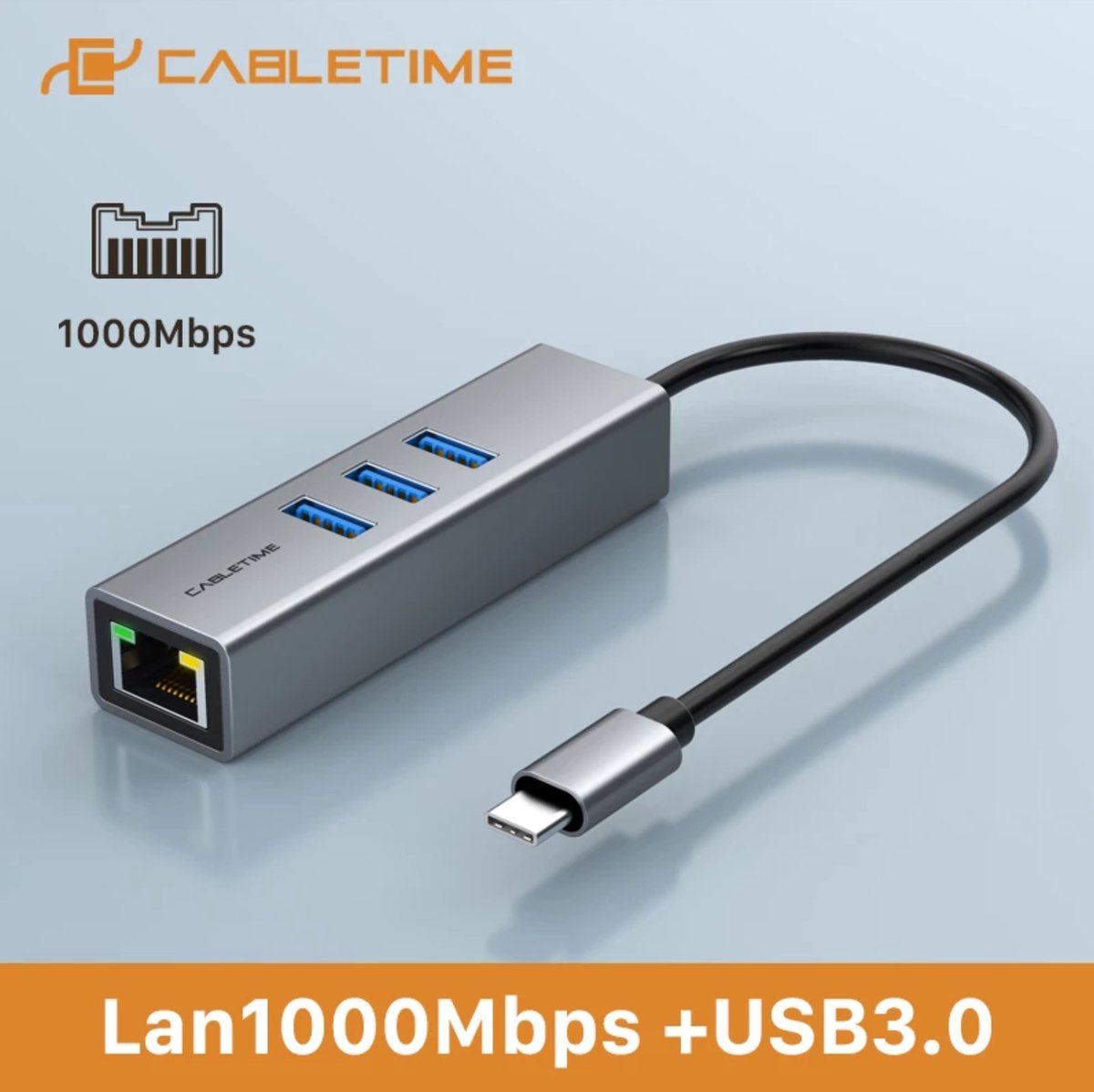 Cabletime USB Type C Gigabit LAN Ethernet Adapter + 3 Poorts USB 3.0 Hub