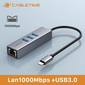 Cabletime USB Type C Gigabit LAN Ethernet Adapter + 3 Poorts USB 3.0 Hub