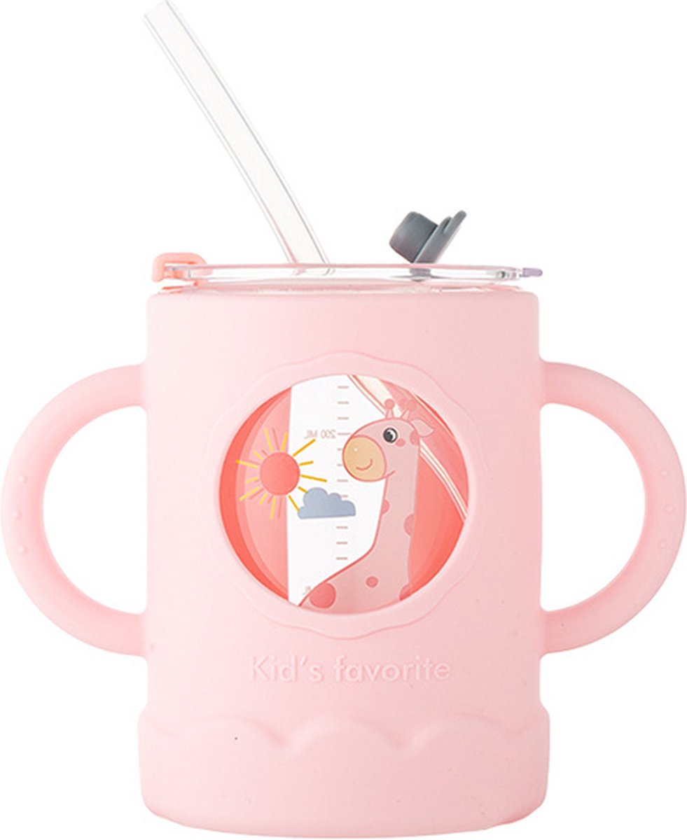 Goedkoopste Baby/Peuter - Siliconen - Glazen - Kinder Beker - roze met Rietje Giraf Meisjes