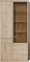 Echo vitrinekast 4 deuren, 1 lade, eiken decor, bruin pasolglas met mat nikkel aluminium frame.