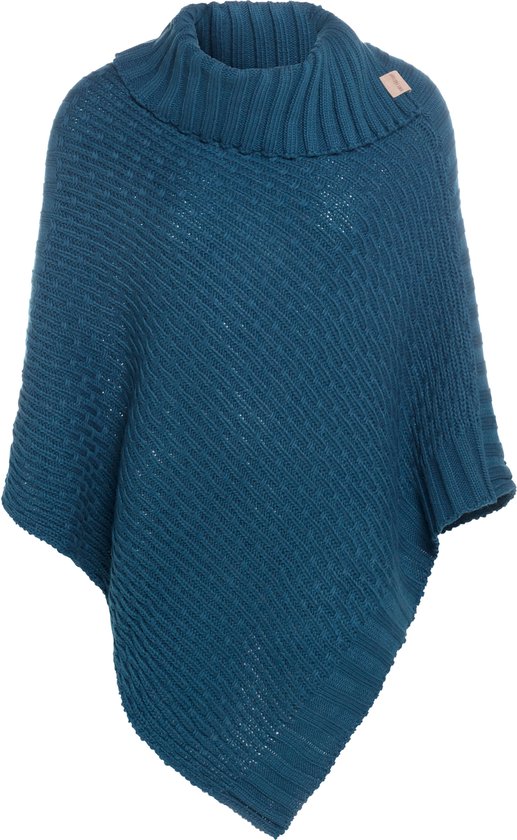 Knit Factory Nicky Gebreide Poncho - Met sjaal kraag - Dames Poncho - Gebreide mantel - Donkerblauw winter poncho - Petrol - One Size