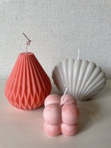 Kaarsen - decoratieve kaarsen SET van 3 - geometrische druppel roze - schelp grijs - bubbel 4 roze