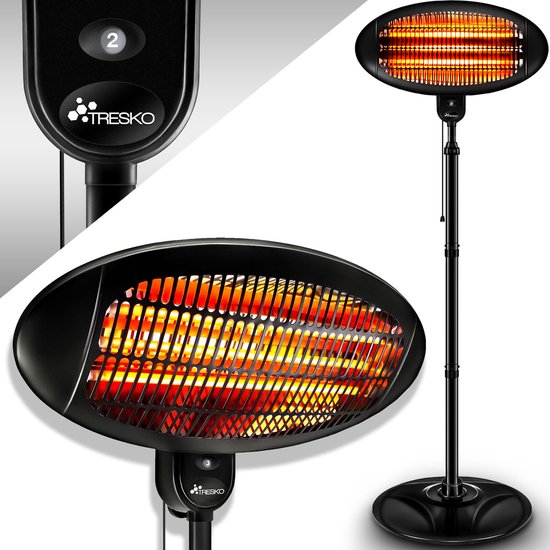 TRESKO - Terrasverwarmer - Staande warmtestraler - Heater - 2000W - Zwart - Warmtestraler - Infraroodstraler