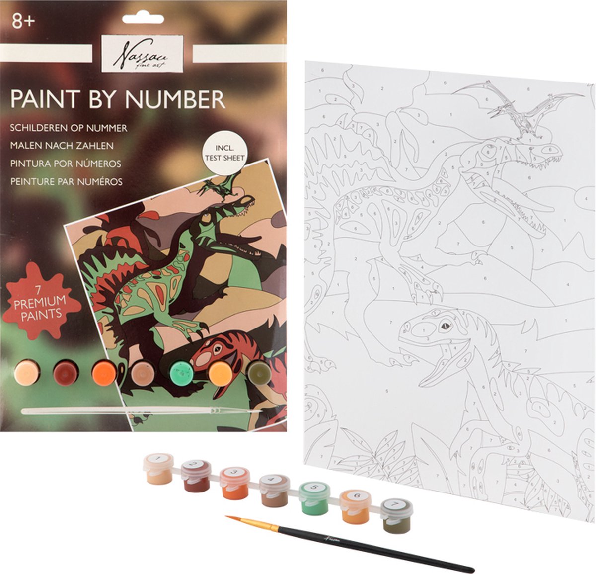 Nassau Fine Art Schilderen op nummer | Thema Dino | Formaat A4 | compleet pakket inclusief verf en penselen