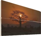 Wanddecoratie hout - Oranje zonsondergang achter een Baobabboom in het Nationaal park Lower Zambezi - 120x80 cm - Houten Wandpaneel - Muurdecoratie - Woonkamer - Slaapkamer