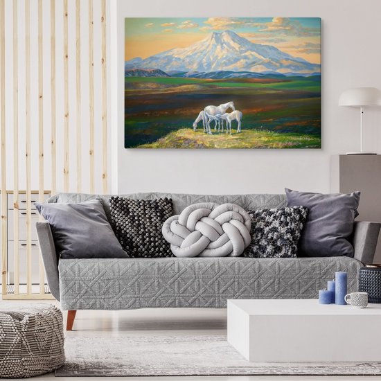 Peinture - Paarden avec des Montagnes en arrière-plan , Impression Premium