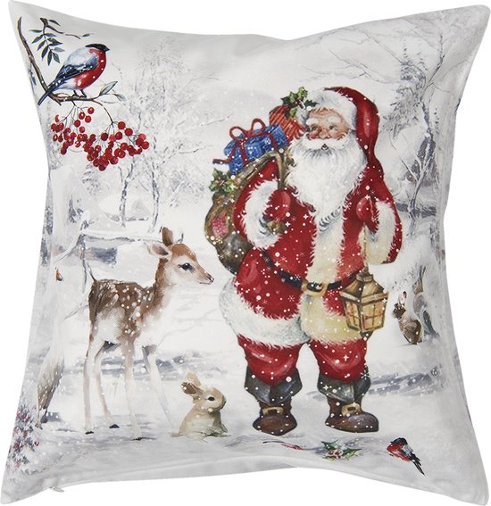 Clayre & Eef Kussenhoes 45x45 cm Wit Polyester Kerstman
