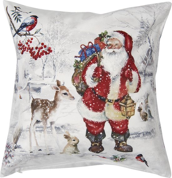 Clayre & Eef Kussenhoes 45x45 cm Wit Polyester Vierkant Kerstman Sierkussenhoes