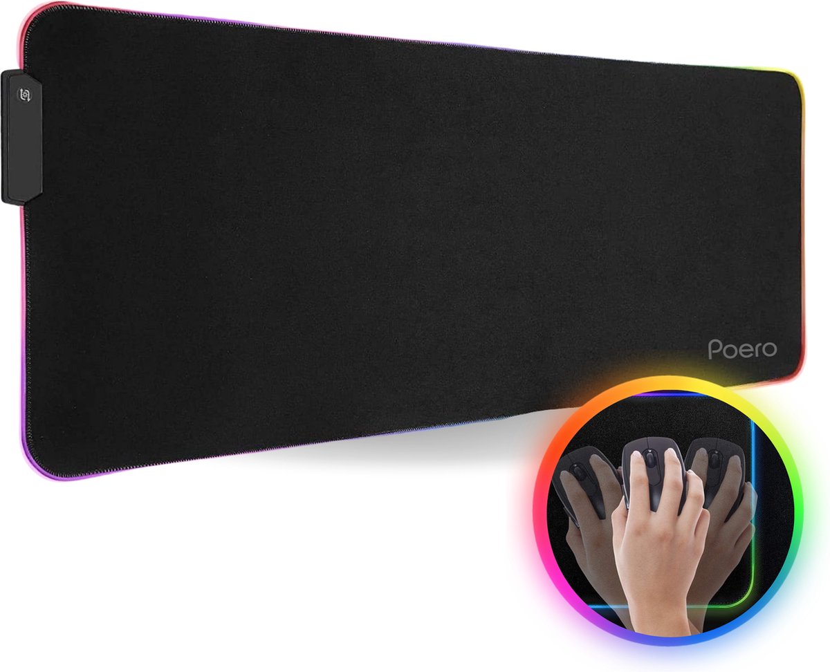 Poero RGB Muismat XXL - Muismat Gaming - Pro Muismat met LED Verlichting- Antislip - 80x30cm - Poero
