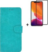 Hoesje iPhone 11 Pro Max + Screenprotector iPhone 11 Pro Max - iPhone 11 Pro Max Hoes Wallet Bookcase Turquoise + Full Tempered Glass