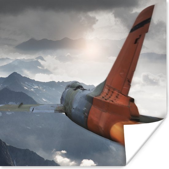 Poster Un avion de chasse de l'armée au-dessus des montagnes - 100x100 cm XXL