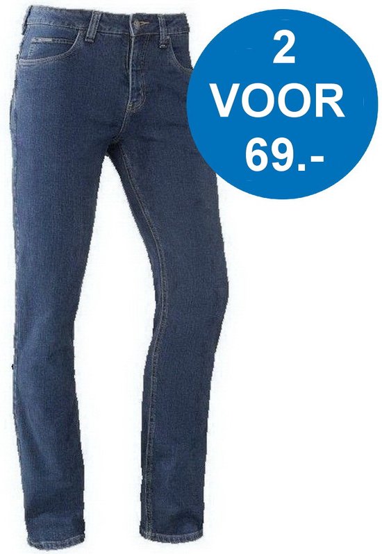 Blauwe stretch jeans voor heren, met opdruk '2 VOOR 69,-'.