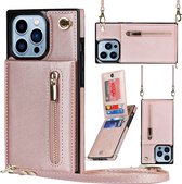 Geschikt Voor iPhone 13 Pro Hoesje Met Koord - Solidenz Portemonnee Hoes - Telefoonhoesje Met Koord 13 Pro - Wallet Case - Cover Hoes Met Koordje - Backcover Met Koord 13 Pro - Rosegoud