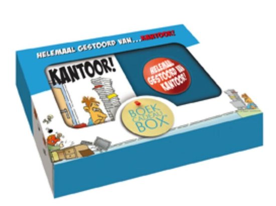 BoekCadeauBox Kantoor met cartoonillustraties van een man die struikelt over papieren.