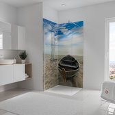 Schulte achterwand - Foto - oude boot strand - 90+90x210 - zelf inkortbaar en zelfklevend - wanddecoratie - muurdecoratie - badkamer wandpanelen - muurbekleding
